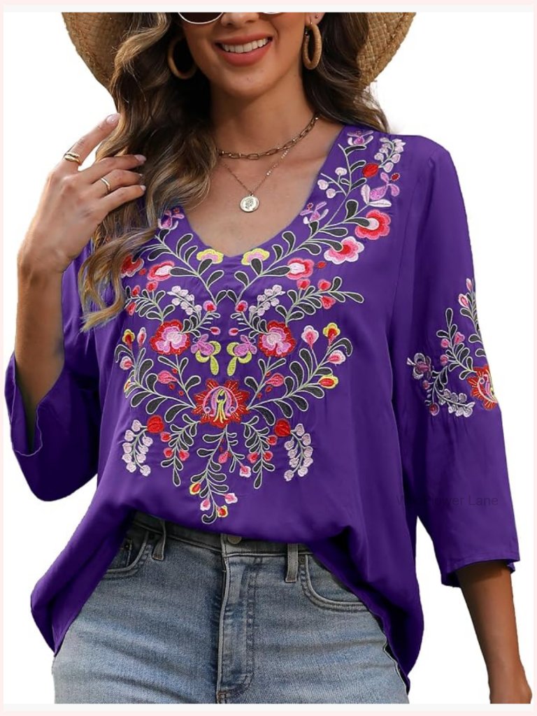 Boho Floral Embroidered Peasant Tunic Blouse 3/4 Sleeve Hippie Top